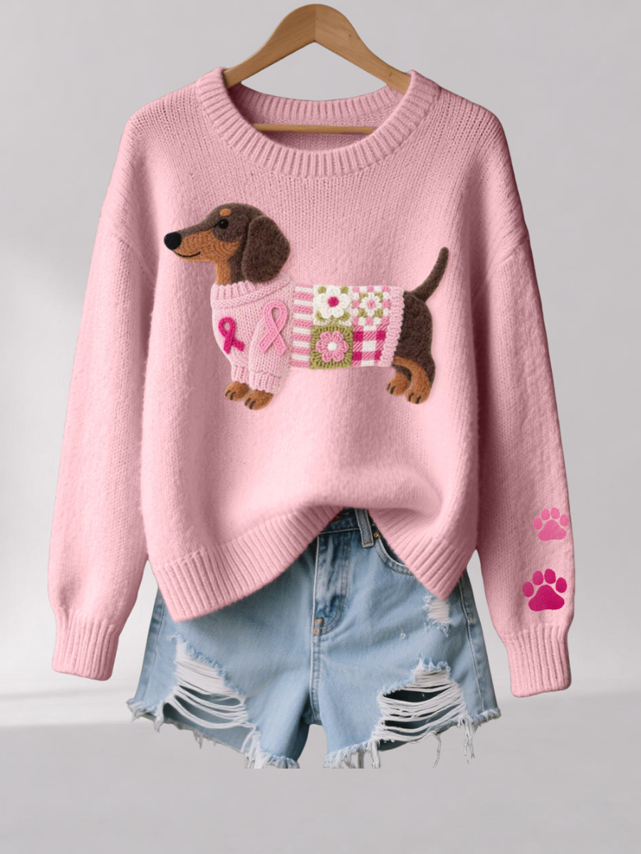 Womens Knit Sweater with Wool Felt Dachshund Motif