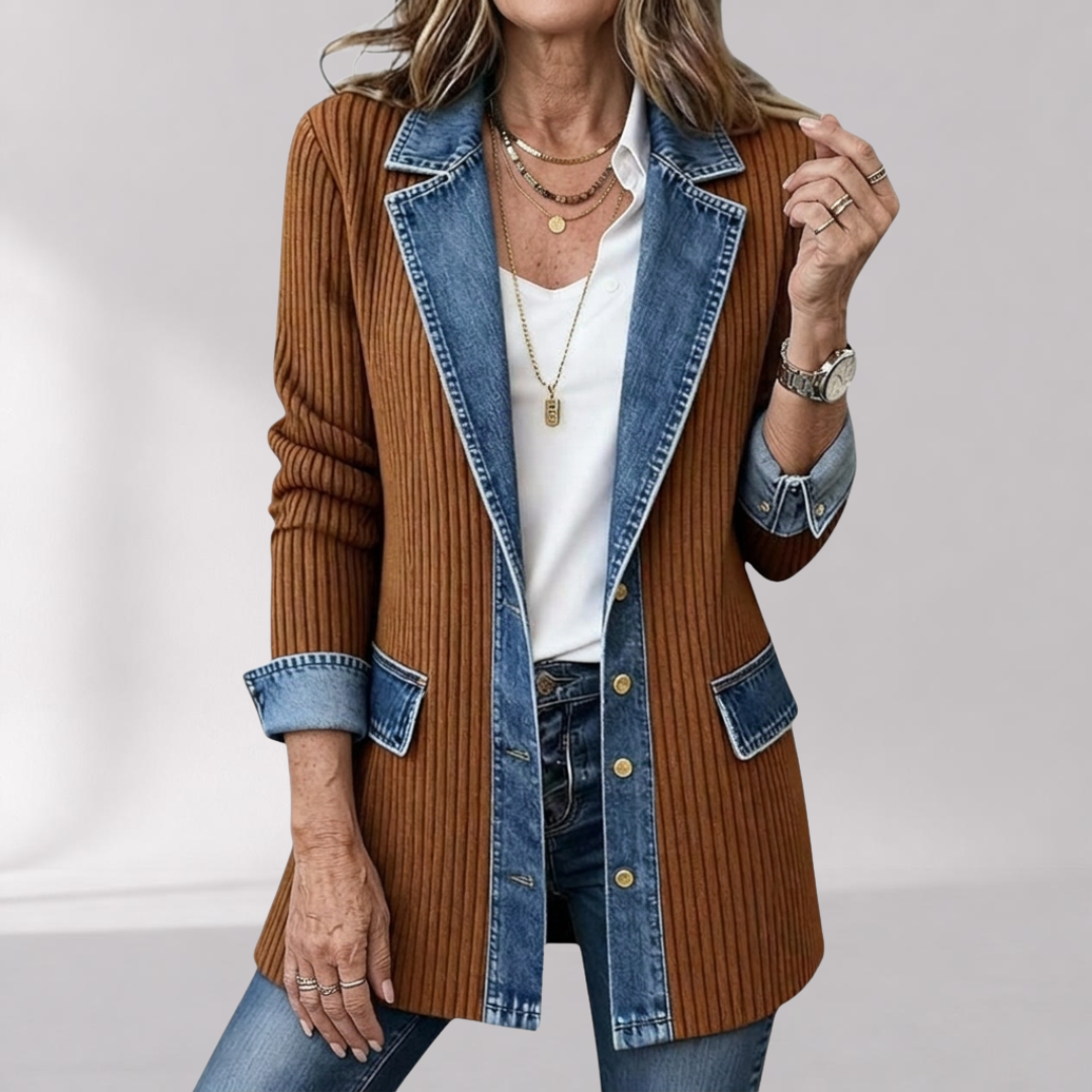 Relaxed Fit Knit Jacket with Denim Accents
