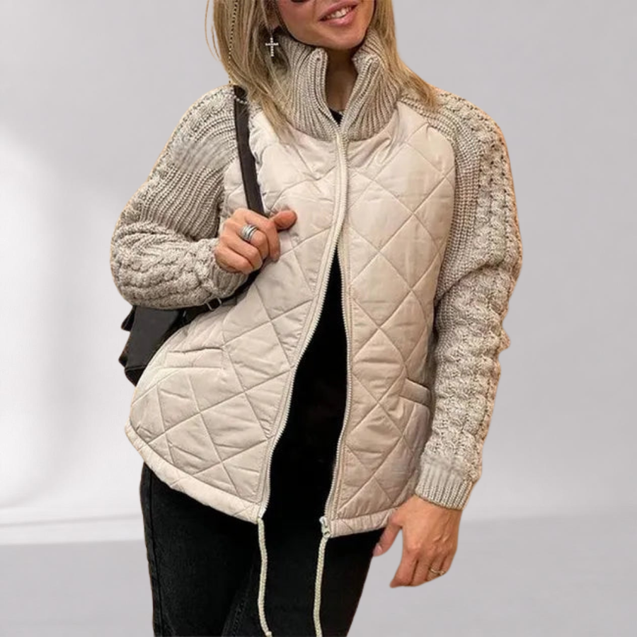 Women’s Quilted Jacket with Knitted Sleeves and Stand Collar