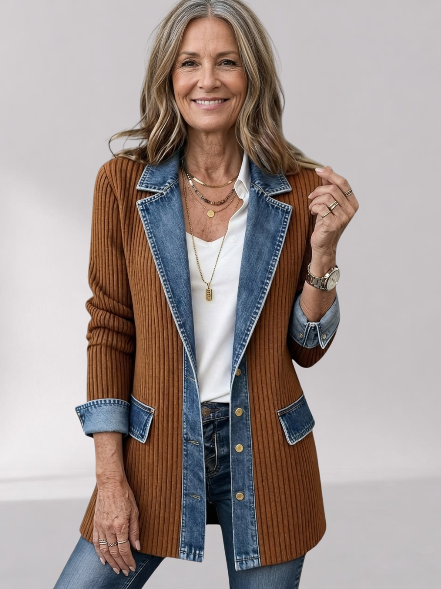 Relaxed Fit Knit Jacket with Denim Accents