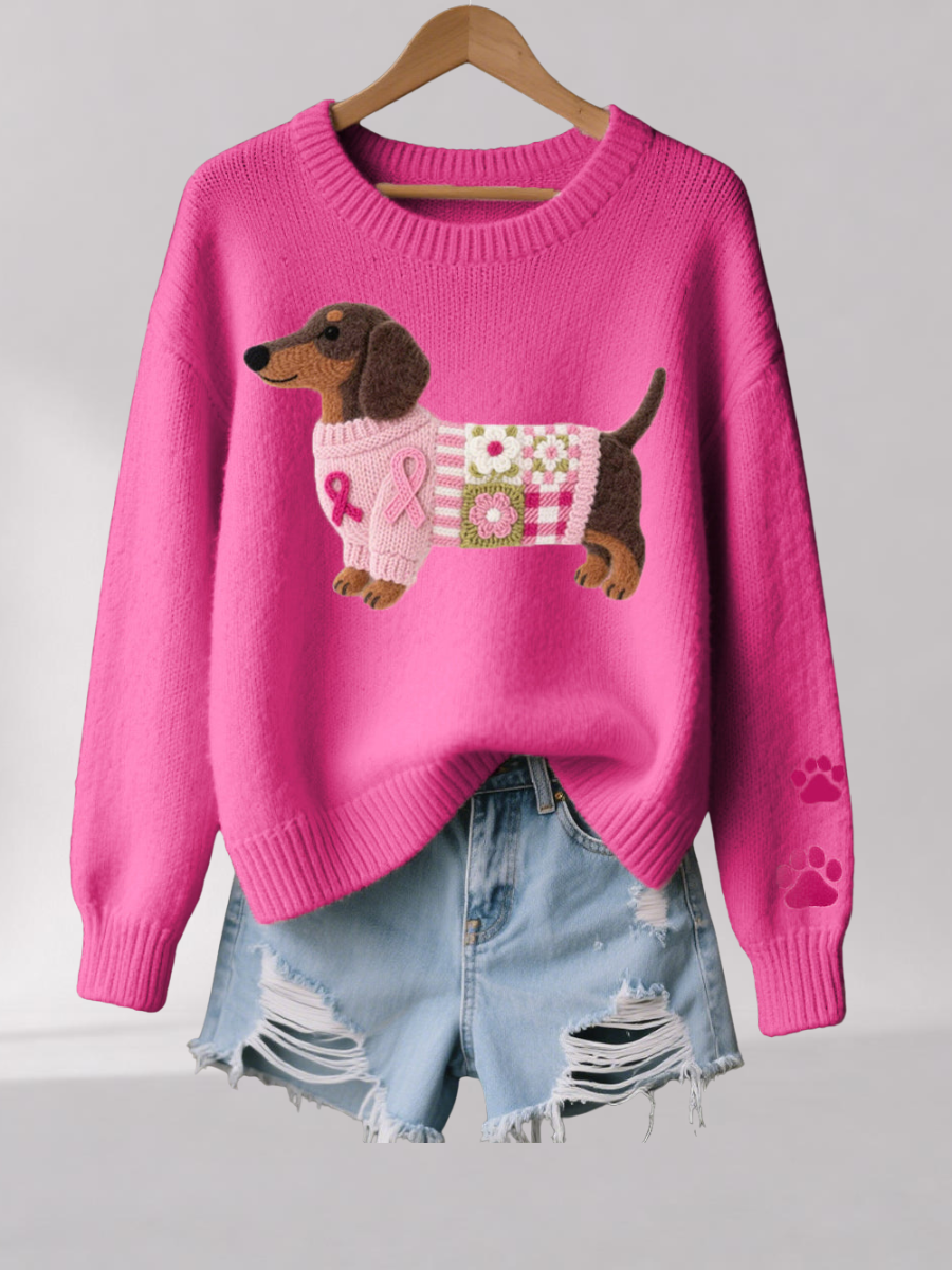 Womens Knit Sweater with Wool Felt Dachshund Motif