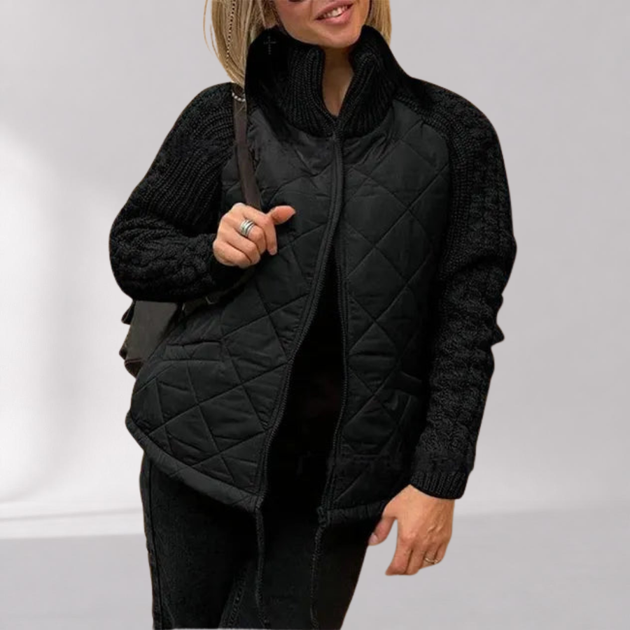 Women’s Quilted Jacket with Knitted Sleeves and Stand Collar