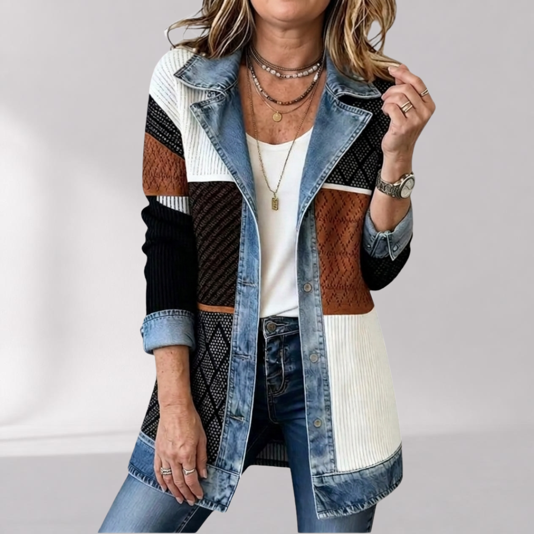 Relaxed Fit Knit Jacket with Denim Accents