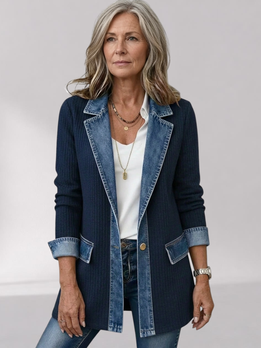 Relaxed Fit Knit Jacket with Denim Accents