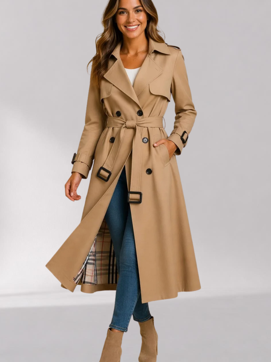 Women's Long Double-Breasted Belted Trench Coat