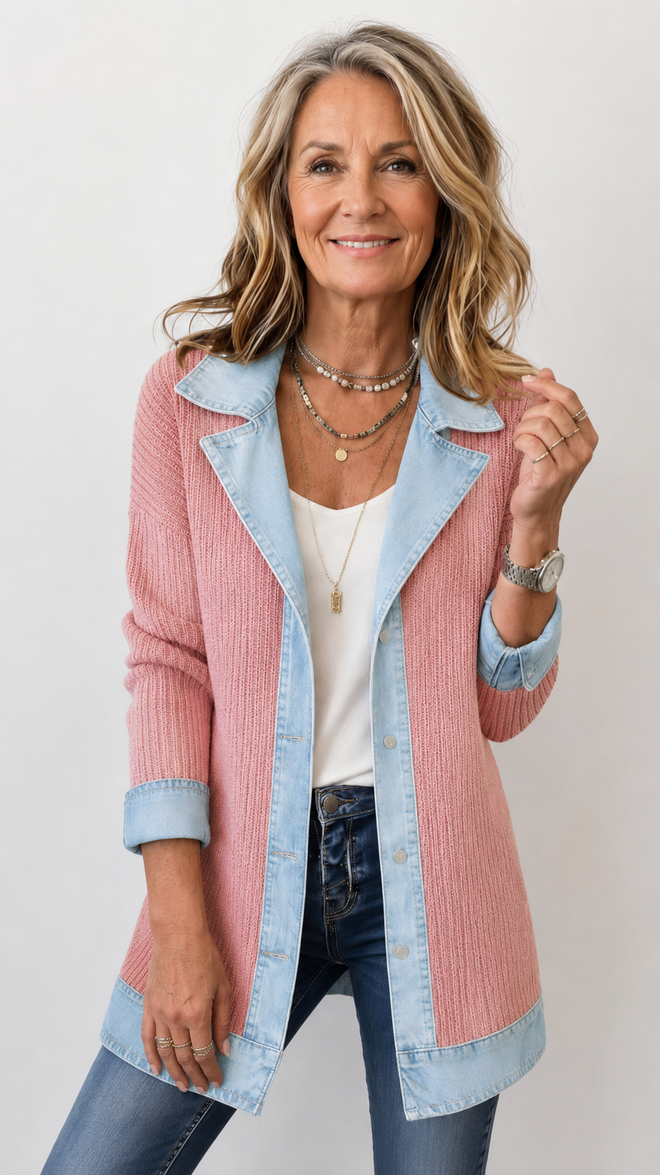 Relaxed Fit Knit Jacket with Denim Accents