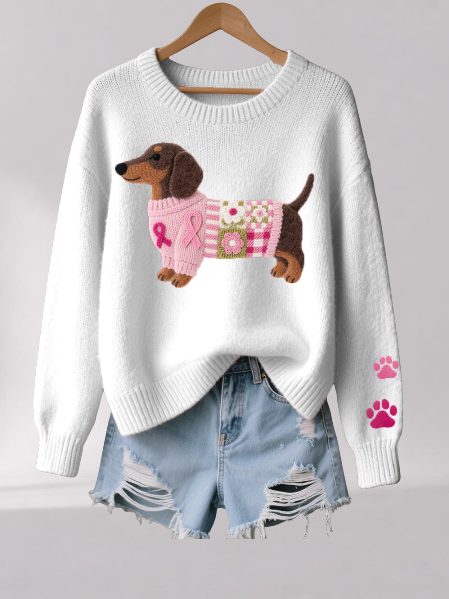 Womens Knit Sweater with Wool Felt Dachshund Motif