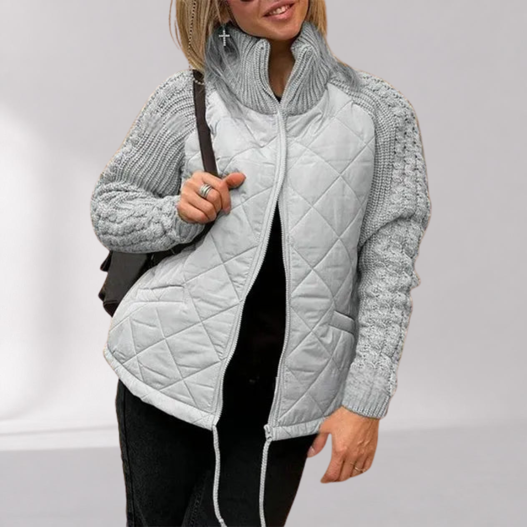 Women’s Quilted Jacket with Knitted Sleeves and Stand Collar
