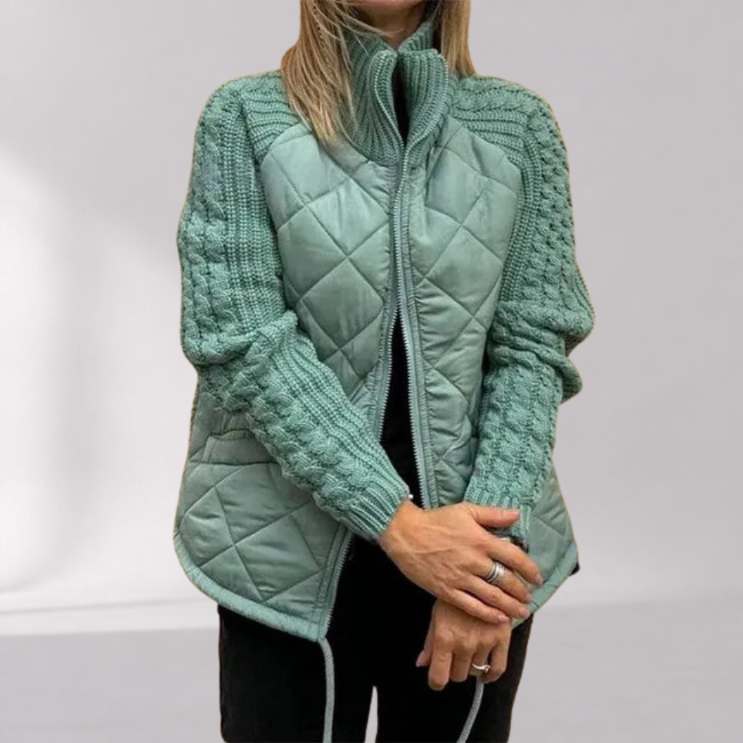 Women’s Quilted Jacket with Knitted Sleeves and Stand Collar