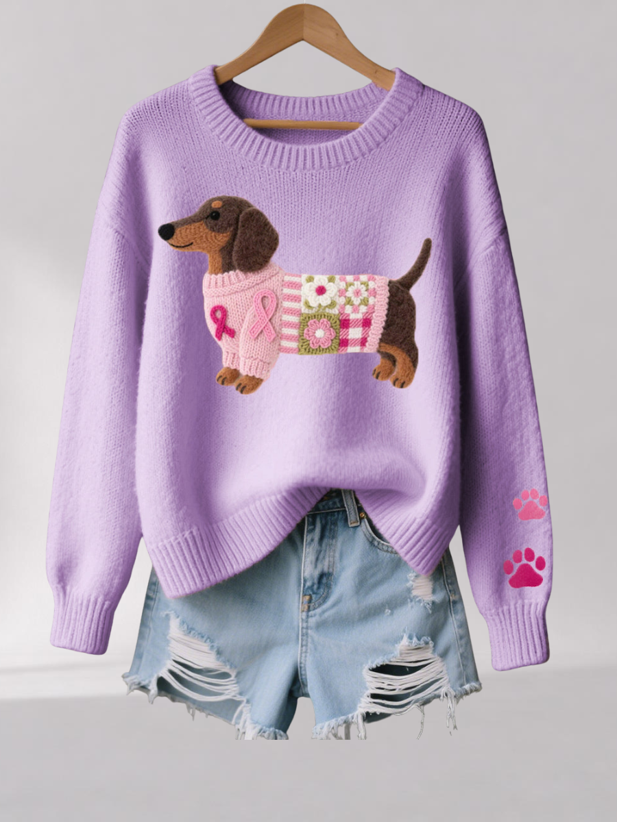 Womens Knit Sweater with Wool Felt Dachshund Motif
