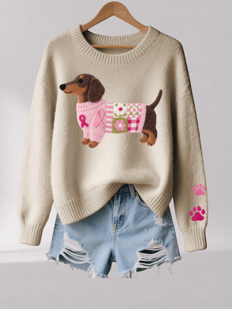 Womens Knit Sweater with Wool Felt Dachshund Motif