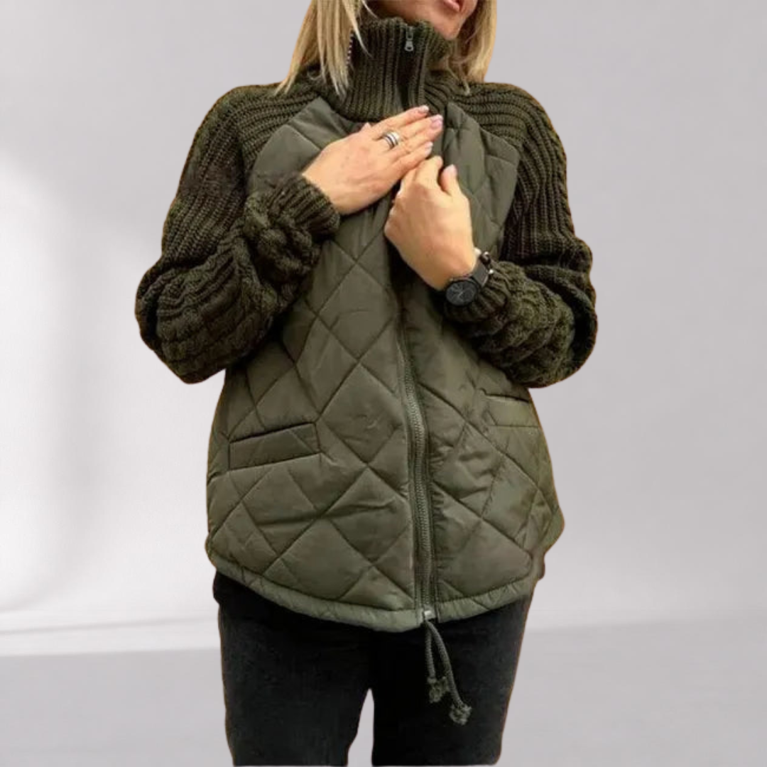 Women’s Quilted Jacket with Knitted Sleeves and Stand Collar