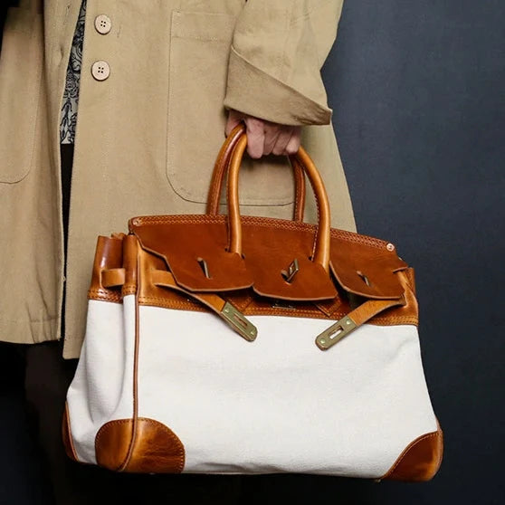 Women's Top Grain Leather & Canvas Weekend Bag