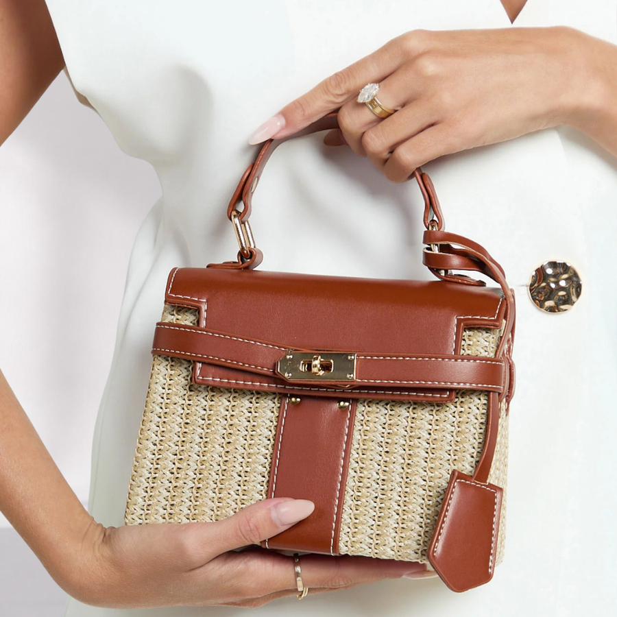 Women’s Elegant Woven Texture Leather Handbag - Gold Details