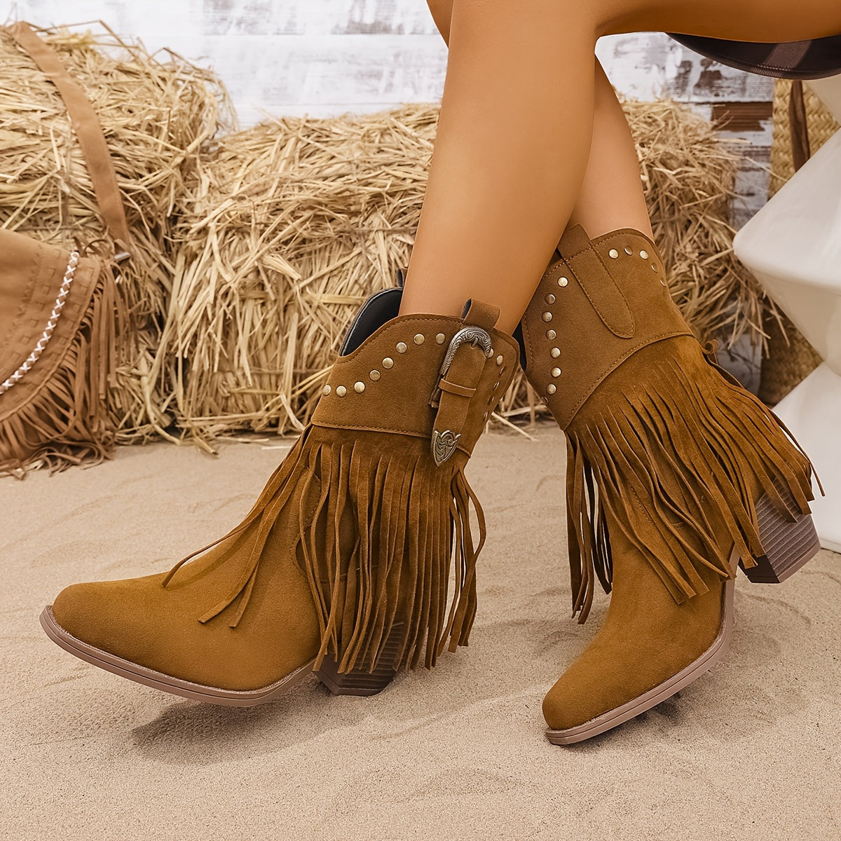 Mia | Women’s Wide Calf Fringe Western Ankle Boots with Studded Detailing 2