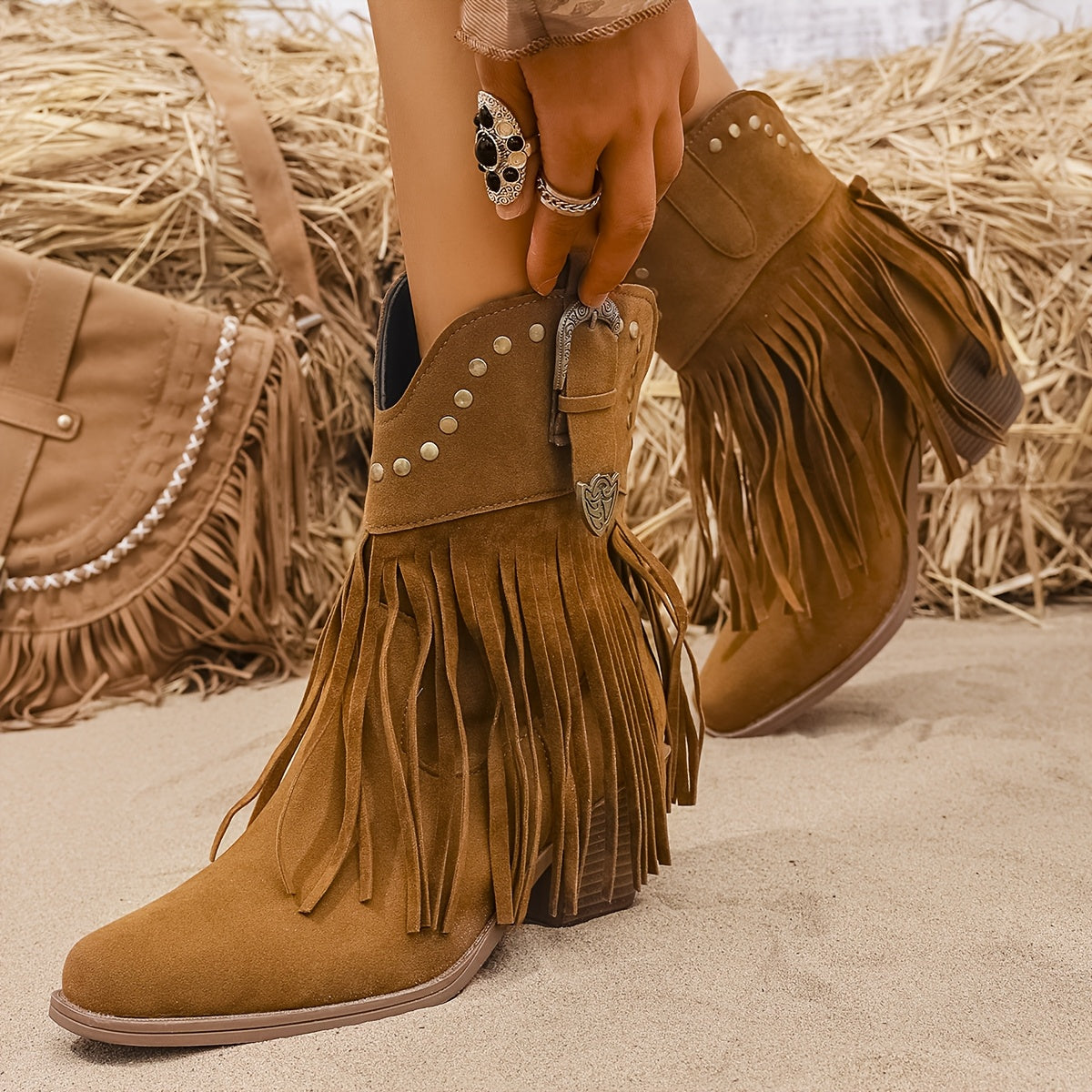 Mia | Women’s Wide Calf Fringe Western Ankle Boots with Studded Detailing 3