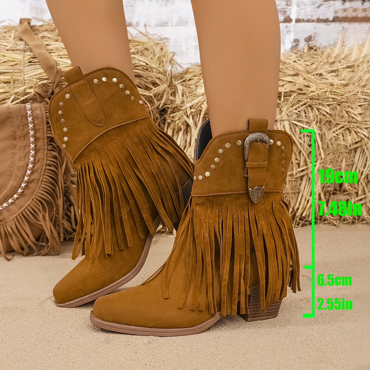 Mia | Women’s Wide Calf Fringe Western Ankle Boots with Studded Detailing 6