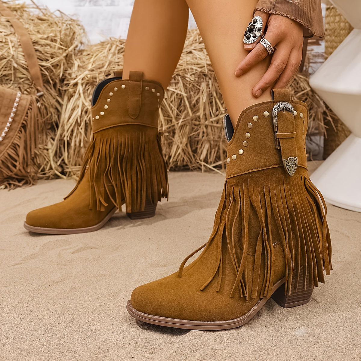 Mia | Women’s Wide Calf Fringe Western Ankle Boots with Studded Detailing 7