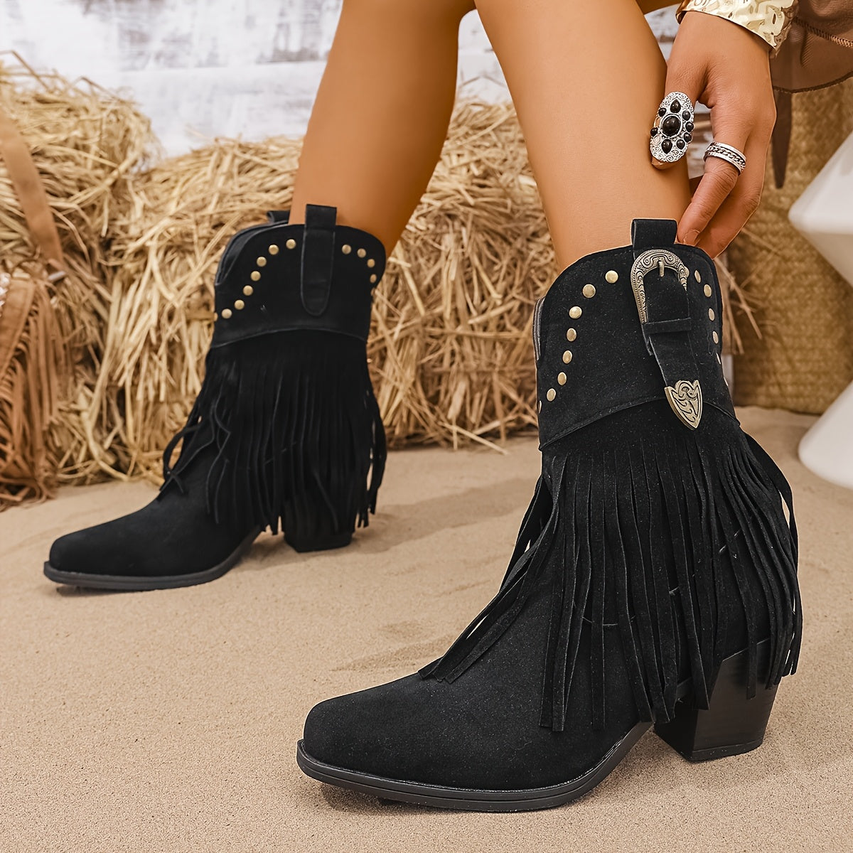 Mia | Women’s Wide Calf Fringe Western Ankle Boots with Studded Detailing 8