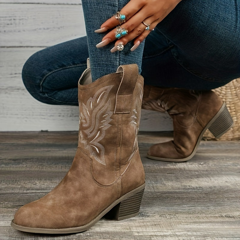 Mia | Women’s Wide Calf Mid-Calf Cowgirl Boots With Embroidered Shaft 0