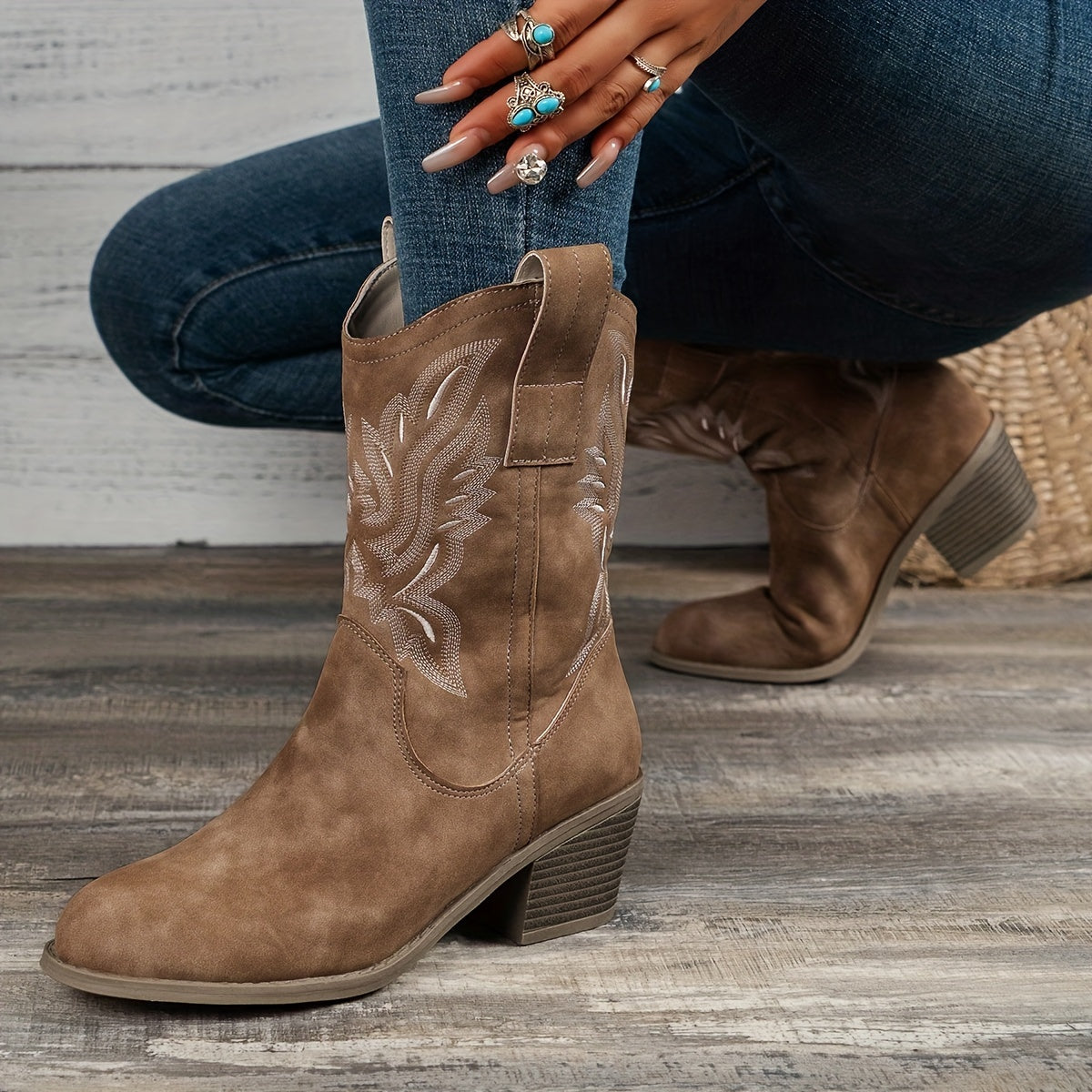 Mia | Women’s Wide Calf Mid-Calf Cowgirl Boots With Embroidered Shaft 2