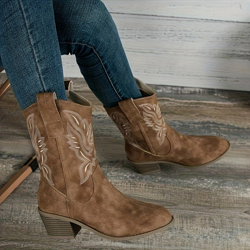 Mia | Women’s Wide Calf Mid-Calf Cowgirl Boots With Embroidered Shaft 3
