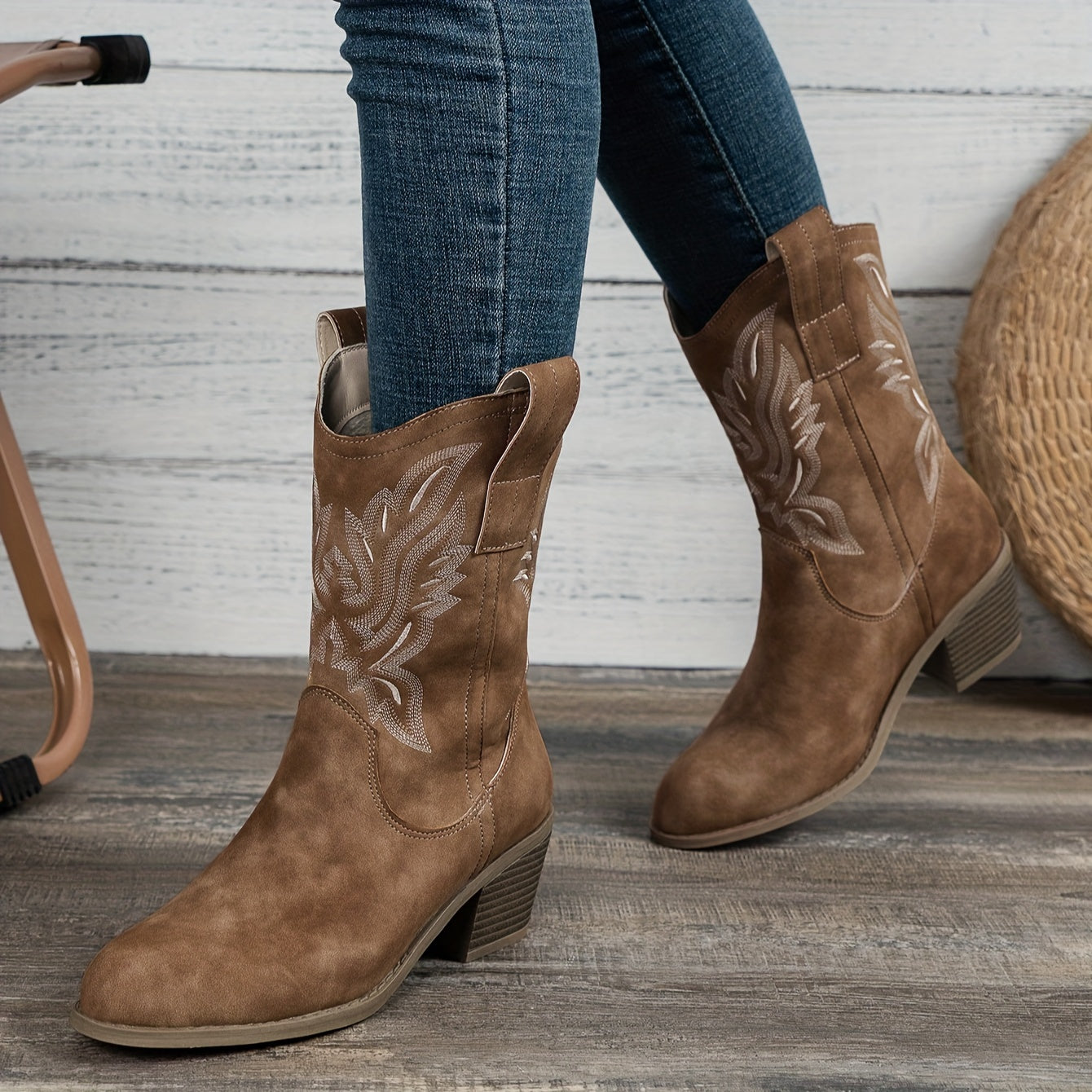 Mia | Women’s Wide Calf Mid-Calf Cowgirl Boots With Embroidered Shaft 4