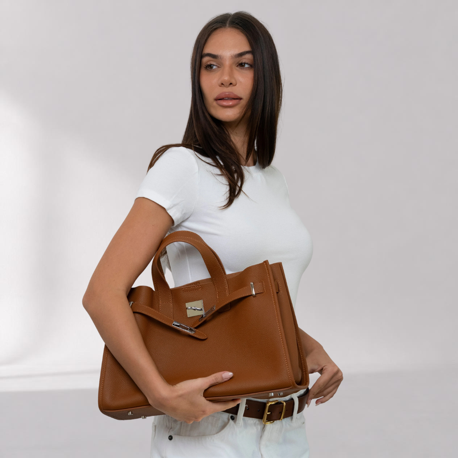 Large Grained Leather Tote Bag with Adjustable Strap