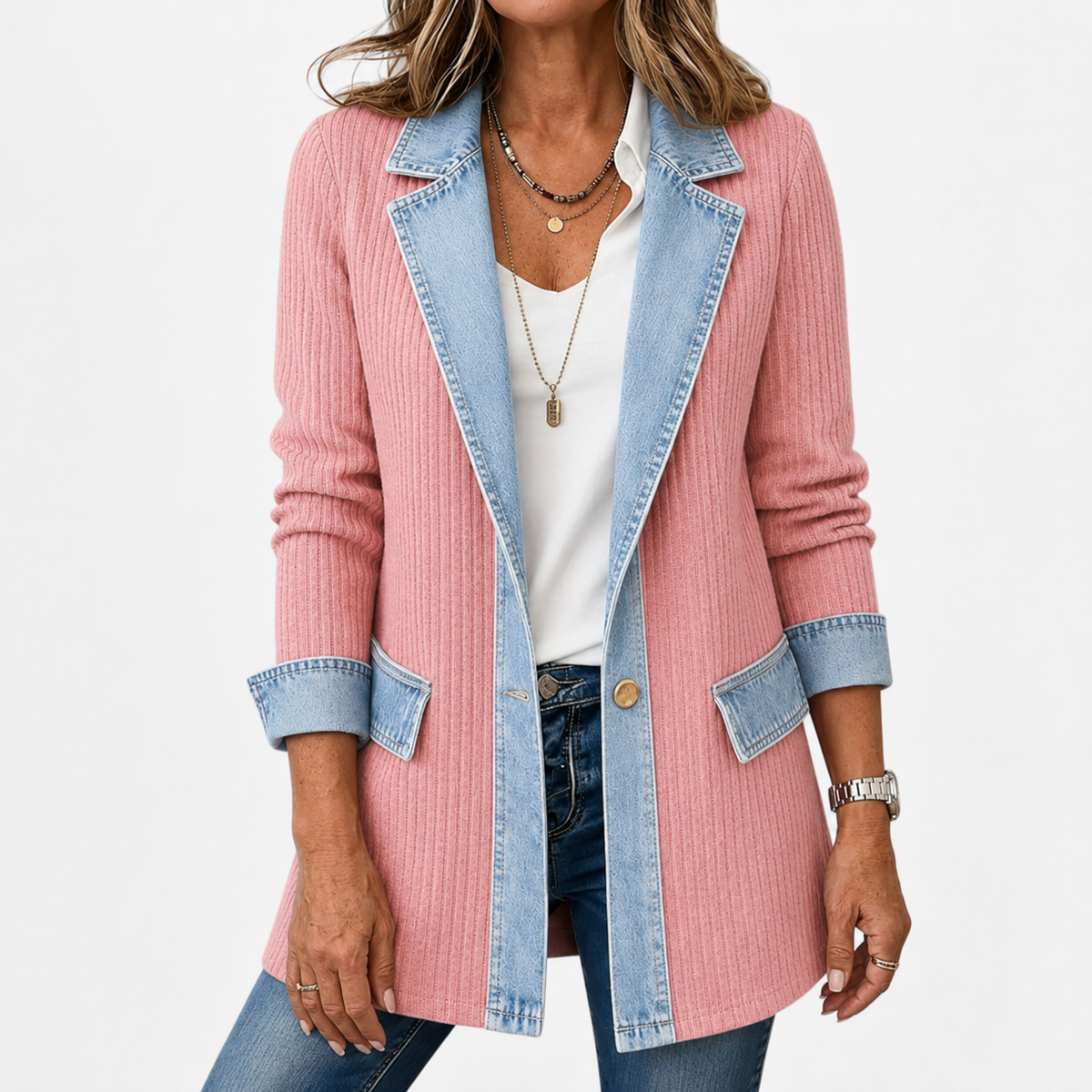 Relaxed Fit Knit Jacket with Denim Accents