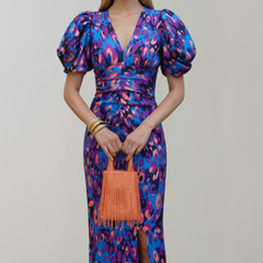 Women's Abstract Pattern Midi Dress | Elegant Puff Sleeve Summer Cocktail Dress 0
