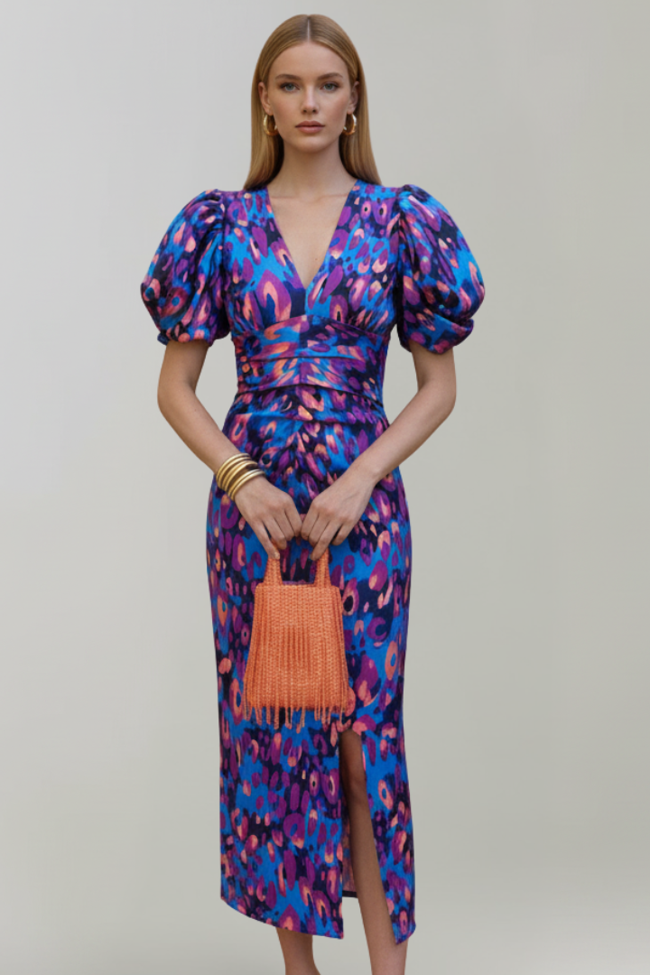 Women's Abstract Pattern Midi Dress | Elegant Puff Sleeve Summer Cocktail Dress 0