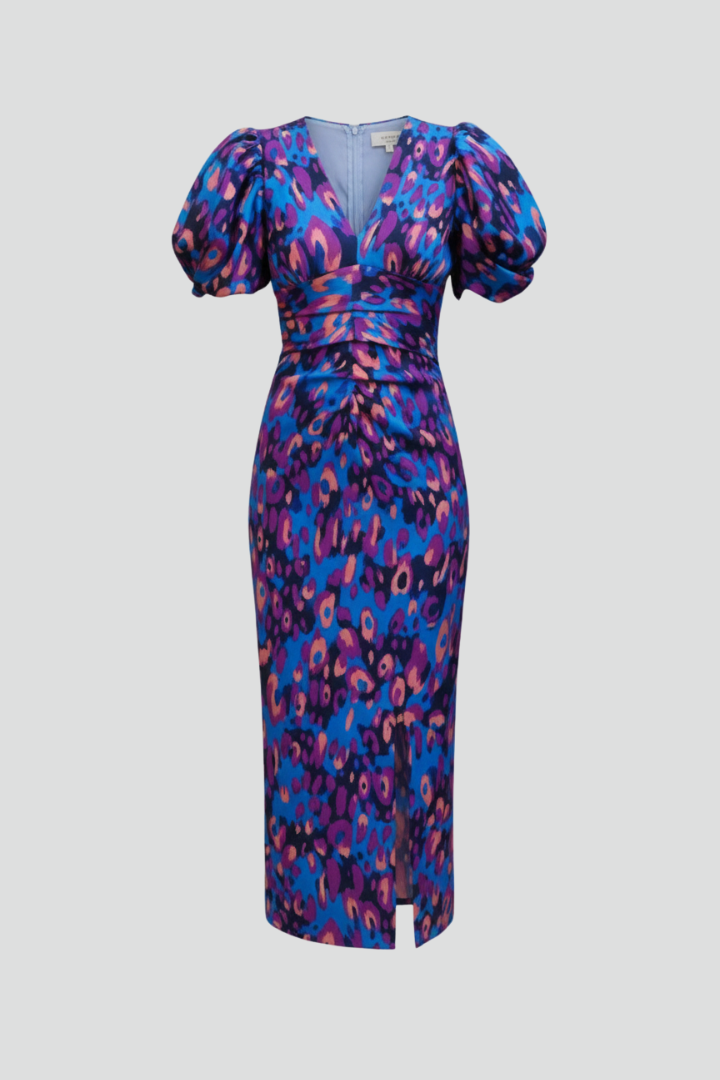 Women's Abstract Pattern Midi Dress | Elegant Puff Sleeve Summer Cocktail Dress 1