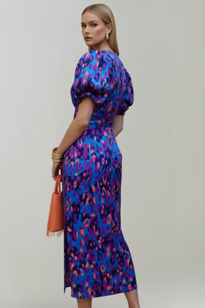 Women's Abstract Pattern Midi Dress | Elegant Puff Sleeve Summer Cocktail Dress 2