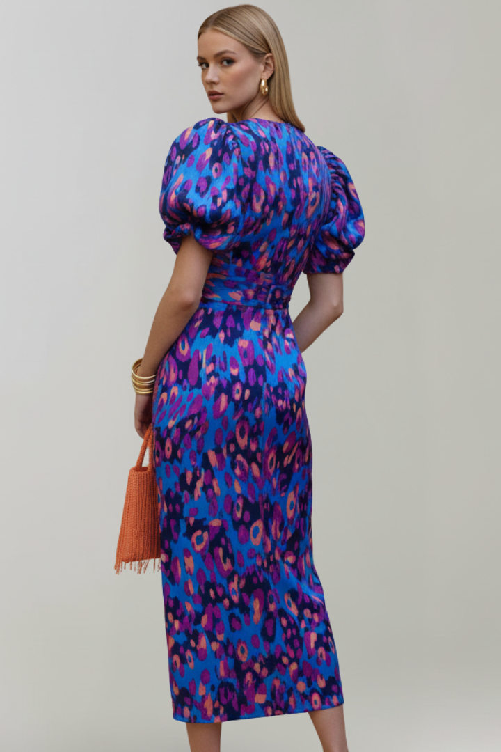 Women's Abstract Pattern Midi Dress | Elegant Puff Sleeve Summer Cocktail Dress 3