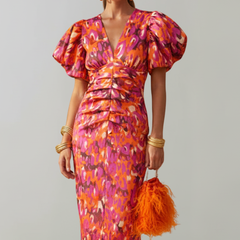 Women's Abstract Pattern Midi Dress | Elegant Puff Sleeve Summer Cocktail Dress 5