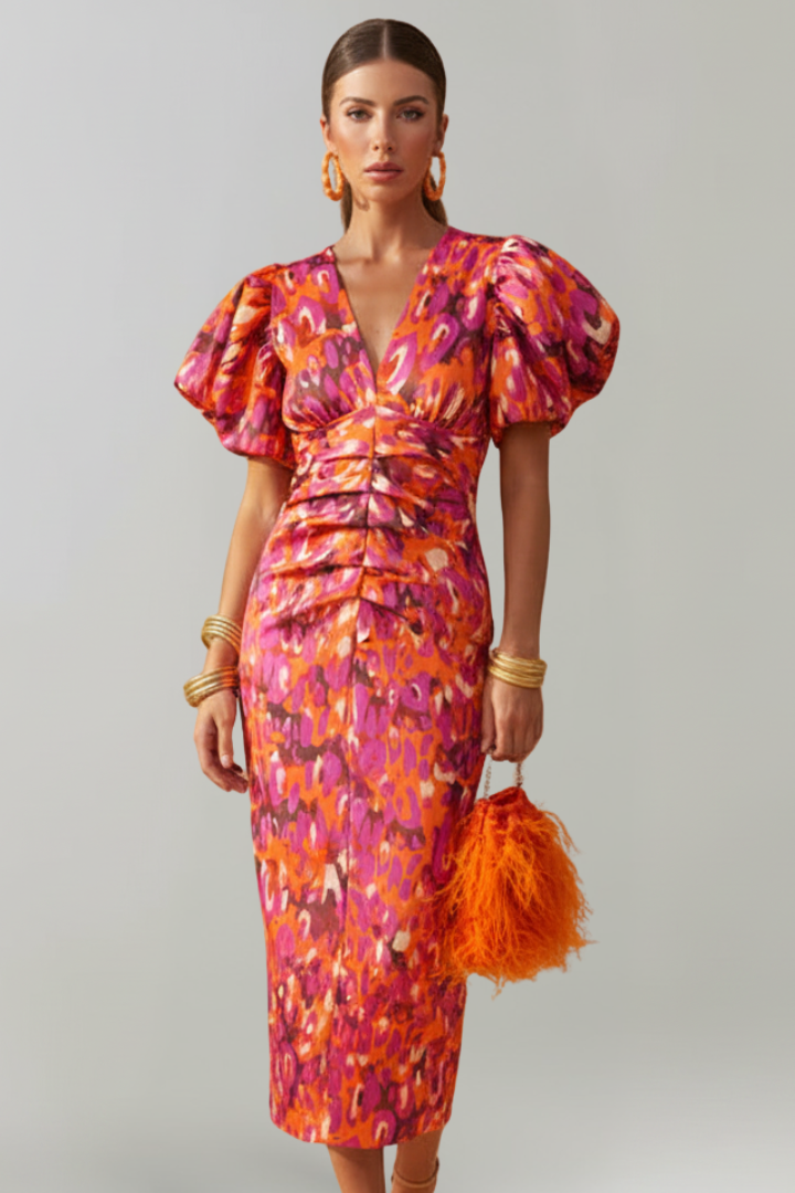 Women's Abstract Pattern Midi Dress | Elegant Puff Sleeve Summer Cocktail Dress 5
