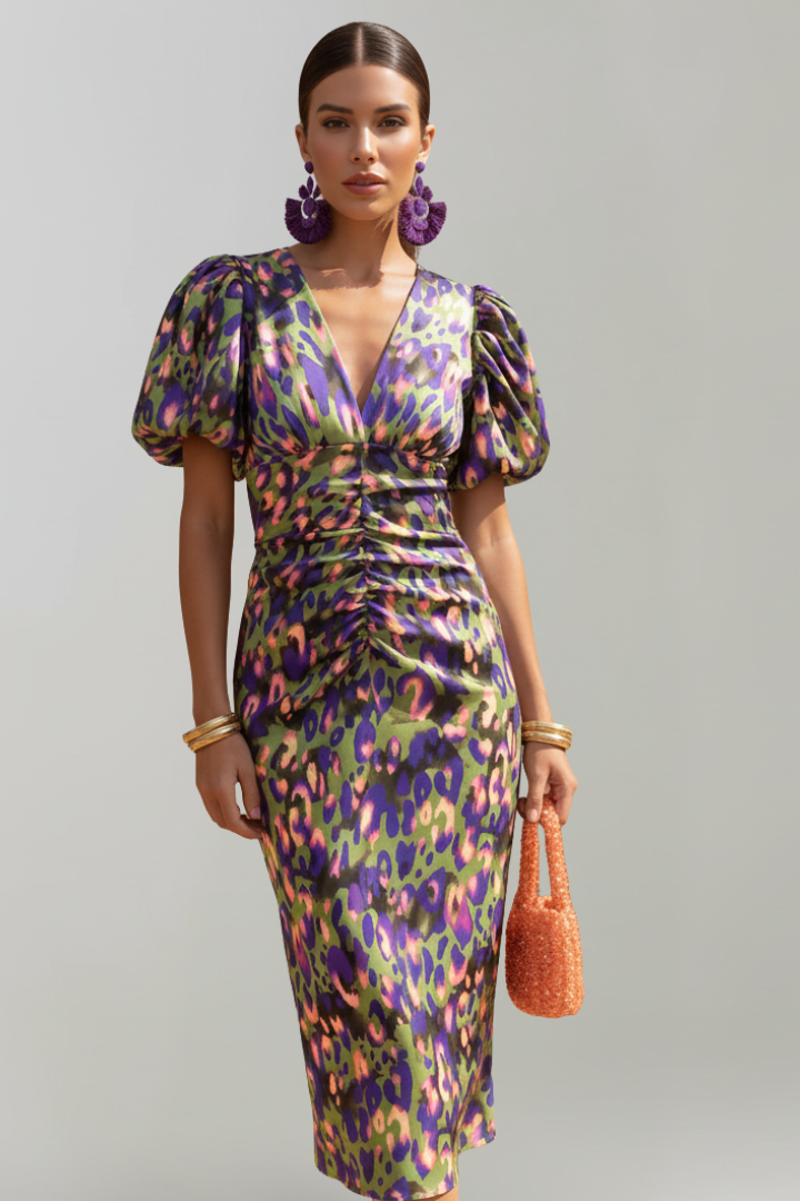 Women's Abstract Pattern Midi Dress | Elegant Puff Sleeve Summer Cocktail Dress 6