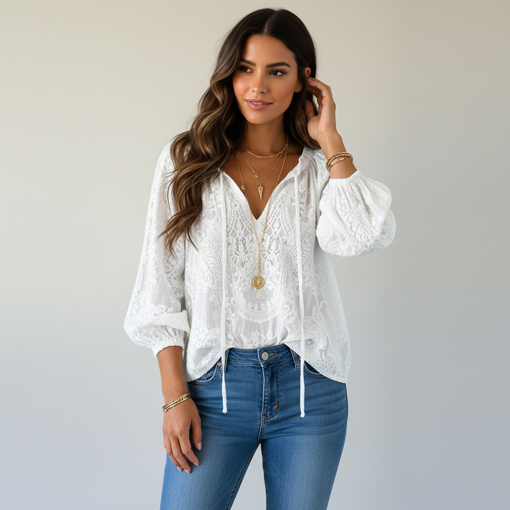 Women's Airy Lace Blouse | Bohemian Chic Relaxed Fit Top 3