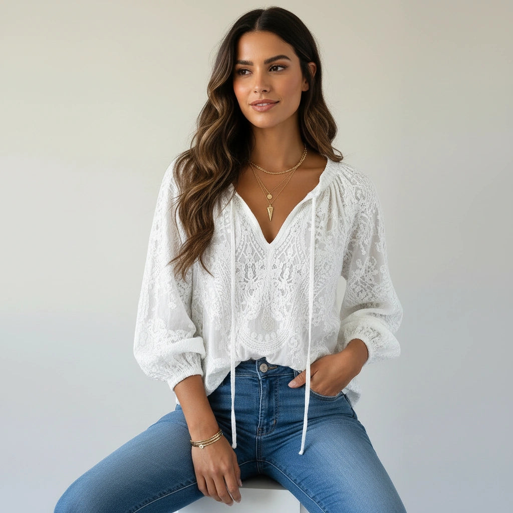 Women's Airy Lace Blouse | Bohemian Chic Relaxed Fit Top 4