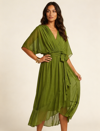 Women's Airy Midi Wrap Dress | Elegant Flowing V-Neck Summer Dress 0