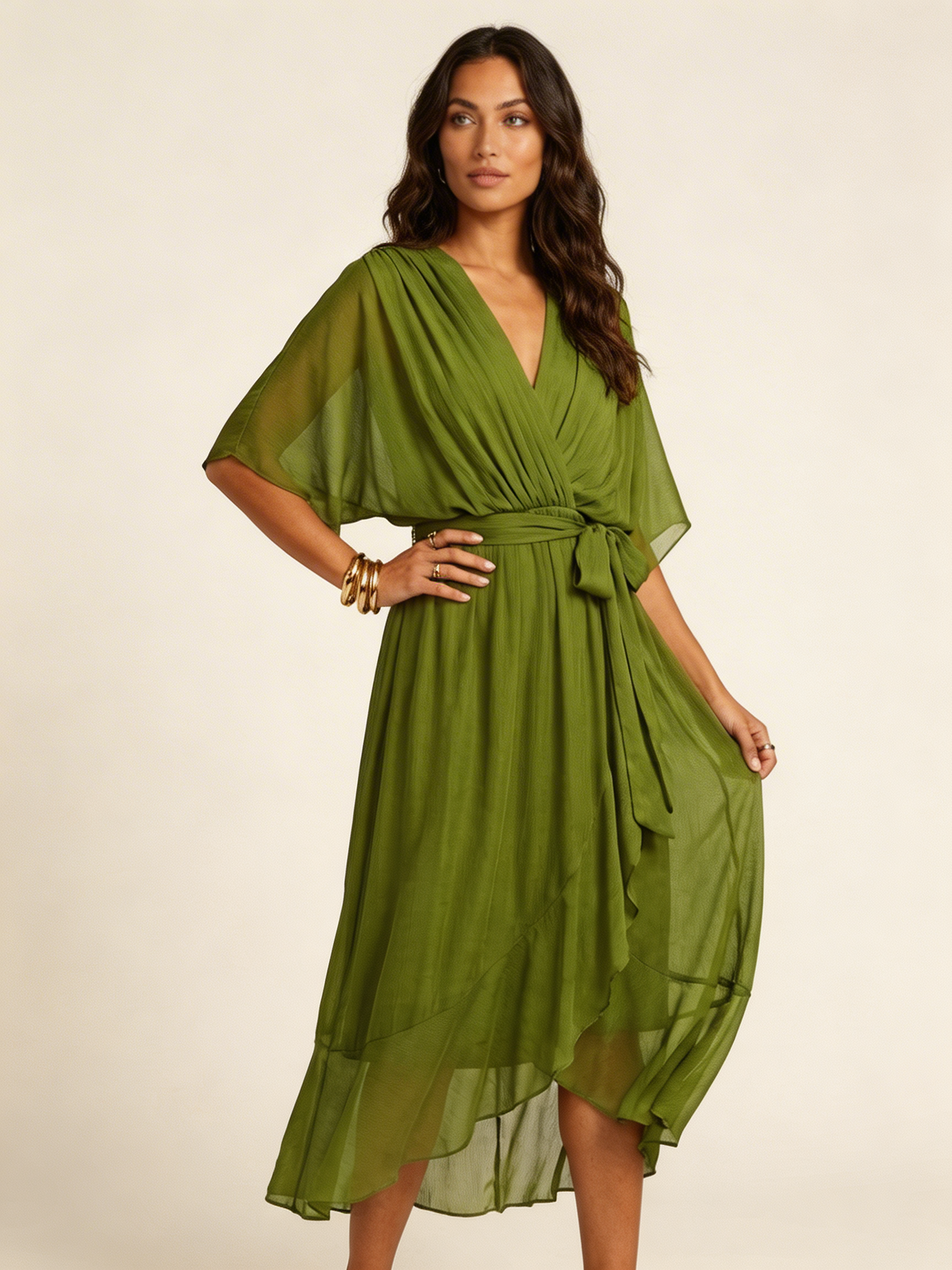 Women's Airy Midi Wrap Dress | Elegant Flowing V-Neck Summer Dress 0
