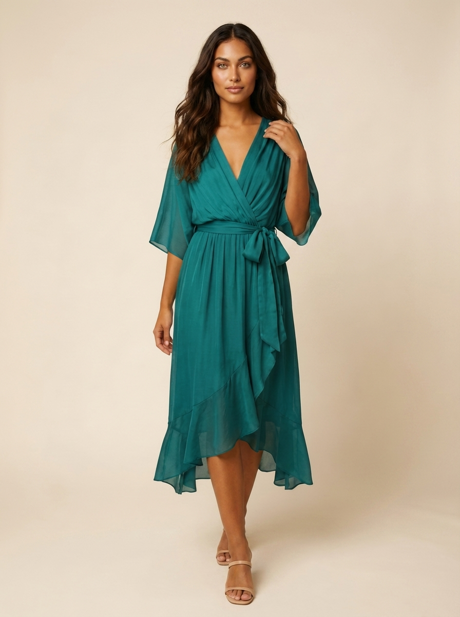 Women's Airy Midi Wrap Dress | Elegant Flowing V-Neck Summer Dress 1