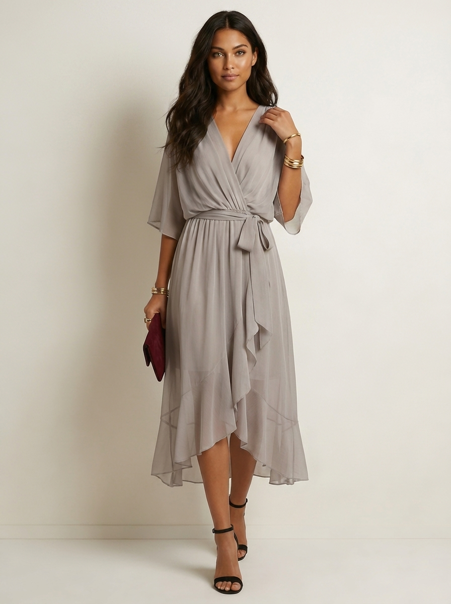 Women's Airy Midi Wrap Dress | Elegant Flowing V-Neck Summer Dress 3