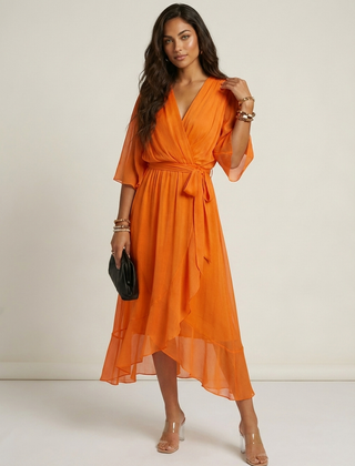 Women's Airy Midi Wrap Dress | Elegant Flowing V-Neck Summer Dress 4