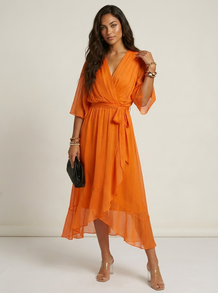 Women's Airy Midi Wrap Dress | Elegant Flowing V-Neck Summer Dress 4