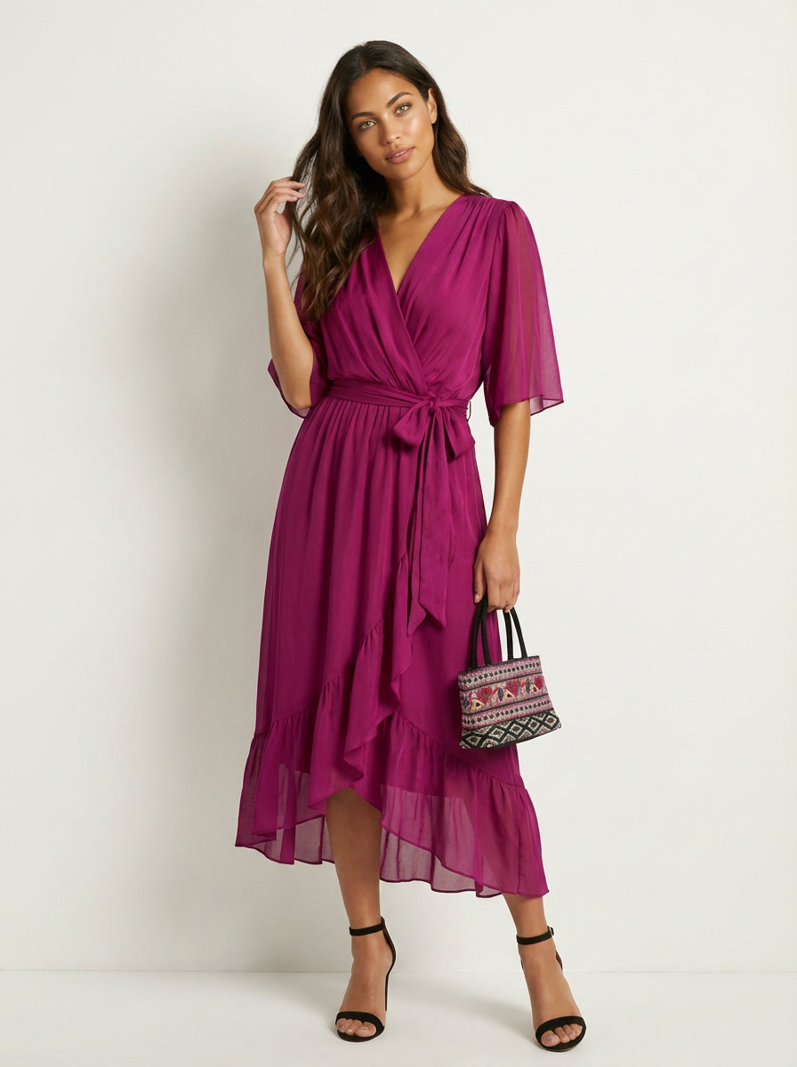 Women's Airy Midi Wrap Dress | Elegant Flowing V-Neck Summer Dress 6