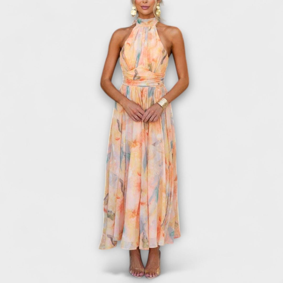 Women's Artistic Watercolor Maxi Dress | Elegant Long Sleeve Summer Gown 0
