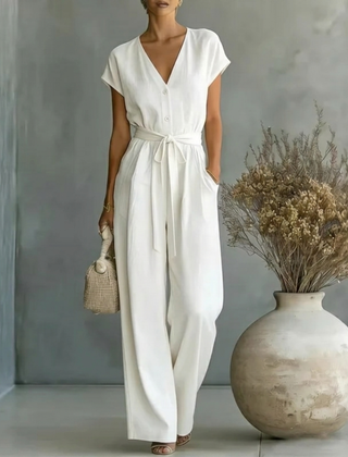 Women's Black Wide Leg Jumpsuit | Elegant V-Neck Relaxed Fit Outfit 0