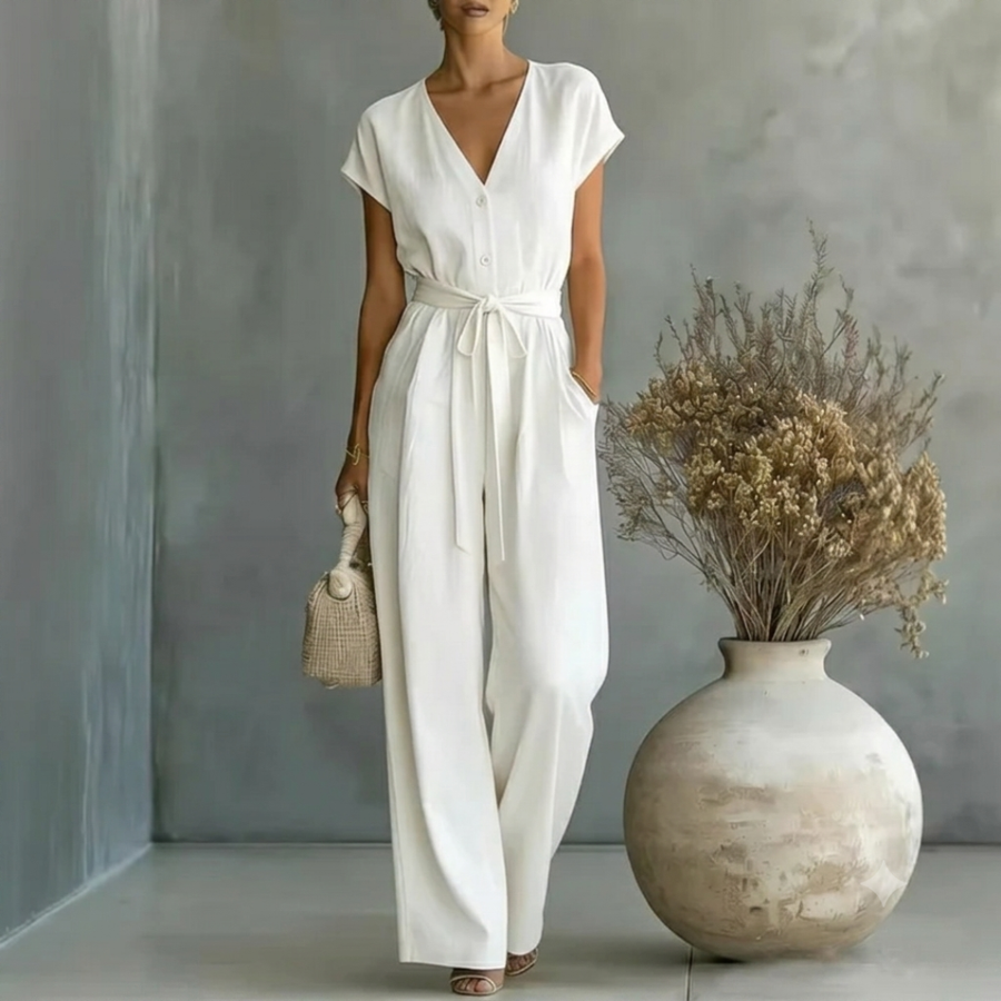 Women's Black Wide Leg Jumpsuit | Elegant V-Neck Relaxed Fit Outfit 0