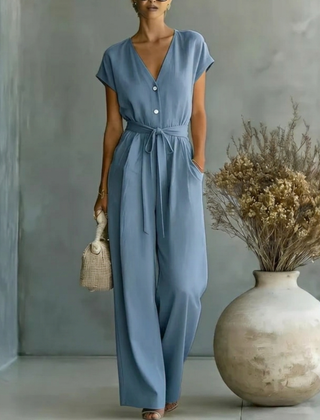 Women's Black Wide Leg Jumpsuit | Elegant V-Neck Relaxed Fit Outfit 1